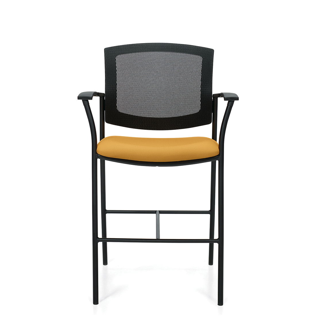 Kompanion | Tabouret de comptoir avec accoudoirs, dossier en tissu mailé et assise rembourée