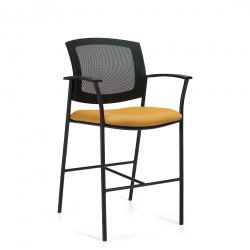 Kompanion | Tabouret de comptoir avec accoudoirs, dossier en tissu mailé et assise rembourée